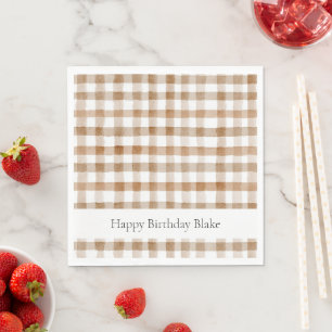 Serviette En Papier Anniversaire Carreaux Marron Crème Rayures