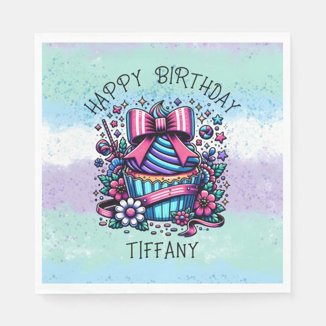 Serviette En Papier Anniversaire Cupcake Whimsical Personnalisé (Devant)