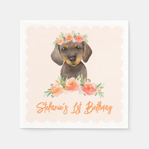 Serviette En Papier Anniversaire Dachshund Aquarelle et Fleurs de Pêch