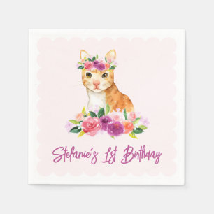 Serviette En Papier Anniversaire de chat orange mignon et fleurs viole