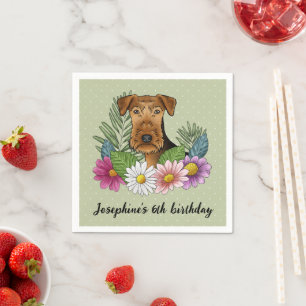 Serviette En Papier Anniversaire de l'Airedale Terrier avec des fleurs