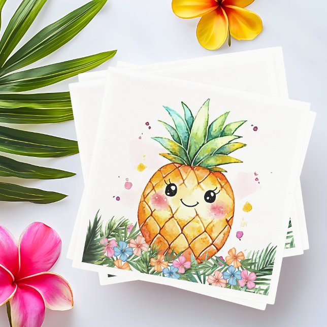 Serviette En Papier Anniversaire de l'ananas tropical Floral Aloha (Tropical Pineapple Floral Aloha Birthday Party Napkins)