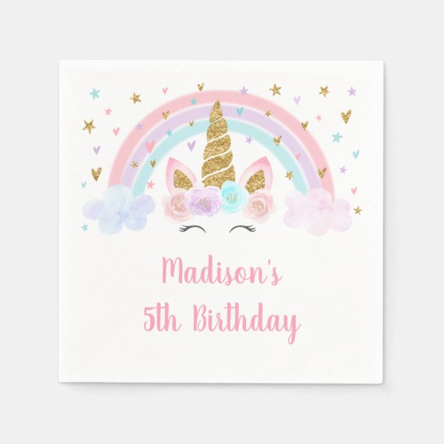 Serviette En Papier Anniversaire de l'Unicorn Rainbow Pink Gold (Devant)