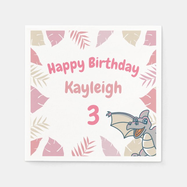 Serviette En Papier Anniversaire du dragon de dinosaure rose mignon (Devant)