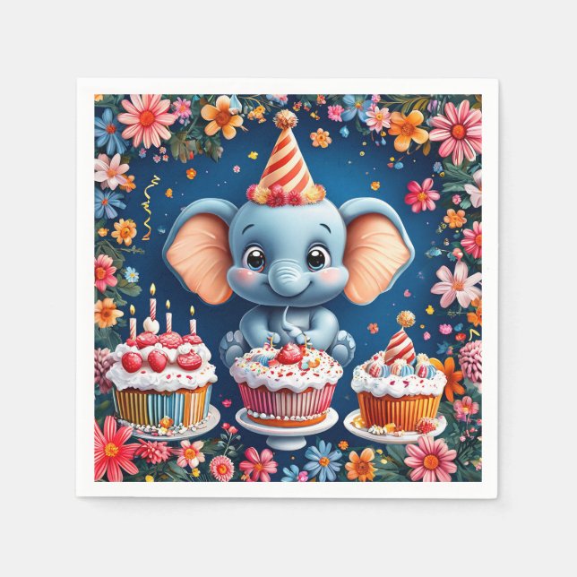 Serviette En Papier Anniversaire éléphant avec gâteau et ballons (Devant)