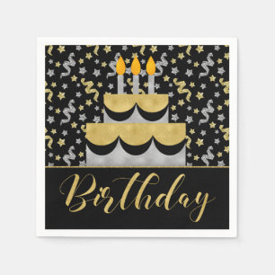 Serviette En Papier Anniversaire en or et en argent sur noir