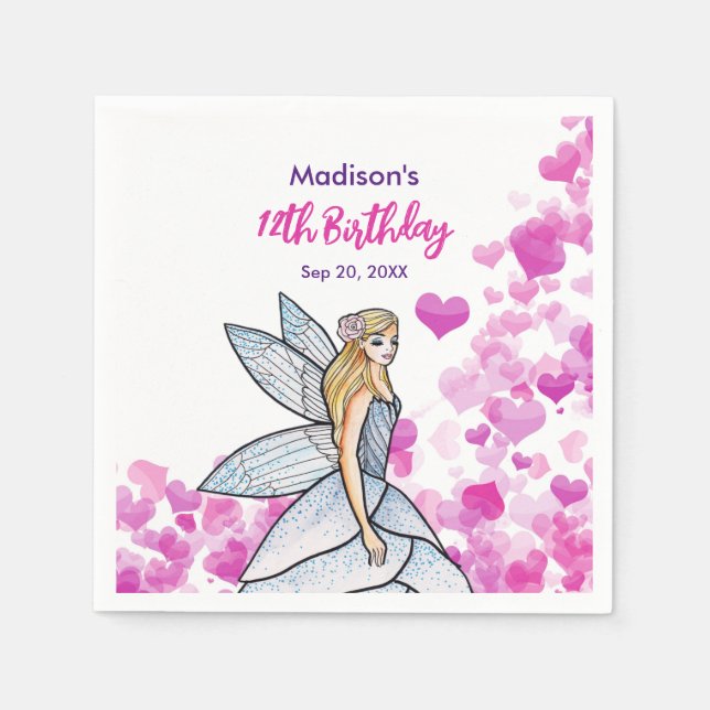 Serviette En Papier Anniversaire Fairy Princess Pink Hearts Fashion Cr (Devant)