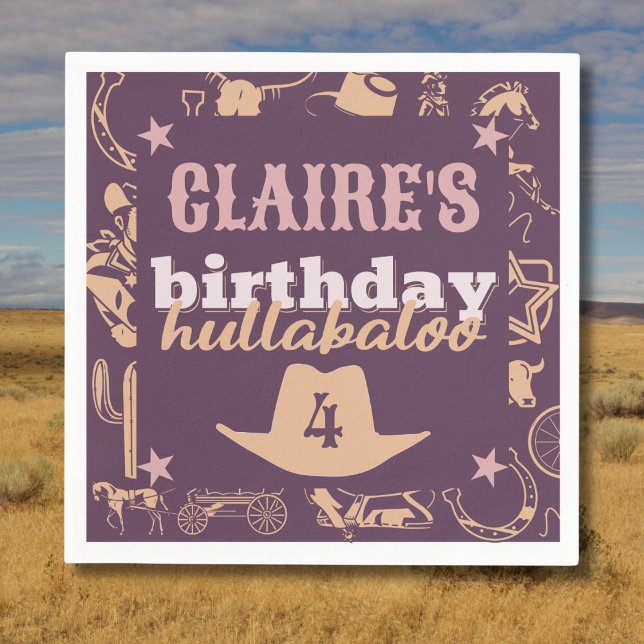 Serviette En Papier "Anniversaire Hullabaloo" Western Cowgirl Party (western cowgirl birthday hullabaloo birthday napkins purple pink orange custom name and age)