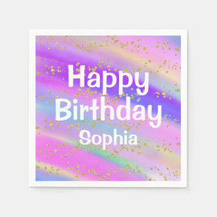 Serviette En Papier Anniversaire Licorne Fille Coloré Paillettes Dorée
