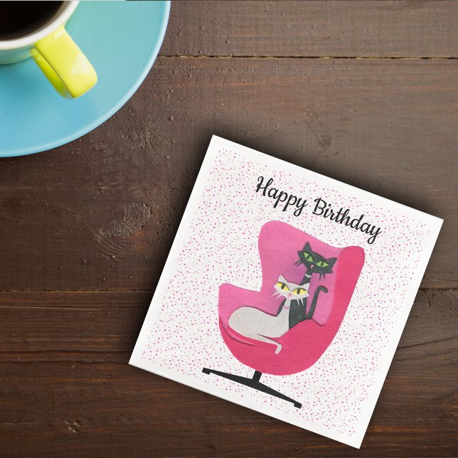 Serviette En Papier Anniversaire Mi-Siècle Moderne Chats Élégants Rose (Two mid century modern cats in pink chair bright pink polka dots Birthday paper party napkins.)