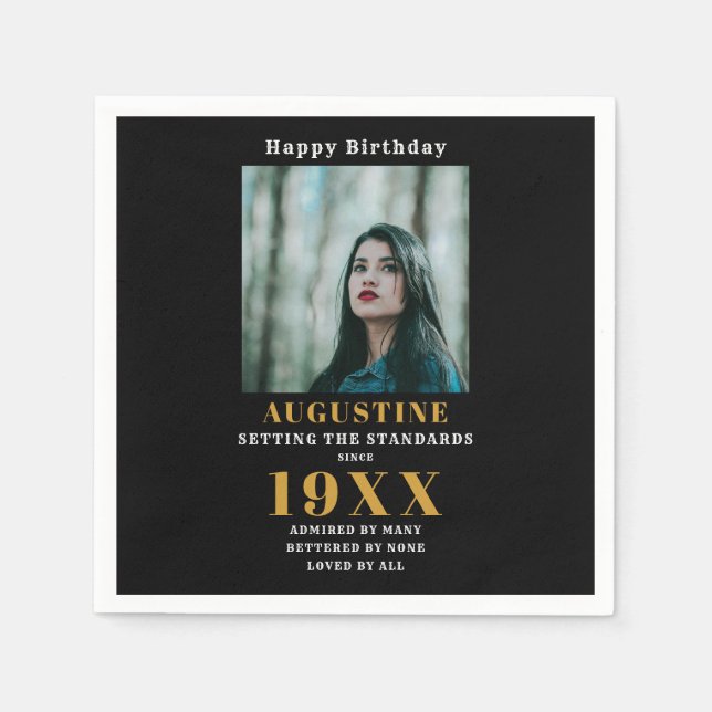 Serviette En Papier Anniversaire Modèle photo Elegant Chic Gold Noir (Devant)