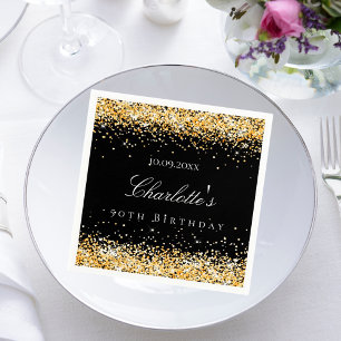 Serviette En Papier Anniversaire noir nom or élégant