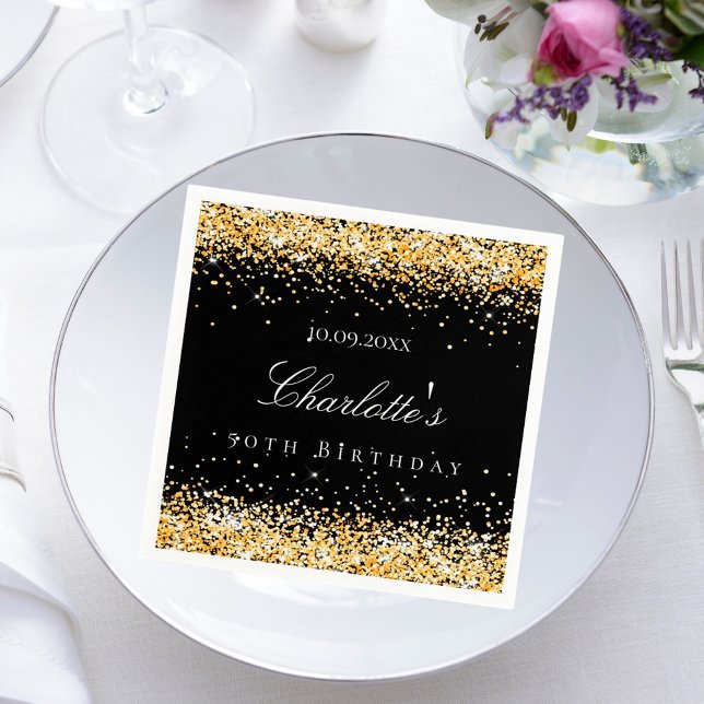 Serviette En Papier Anniversaire noir nom or élégant (Créateur téléchargé)