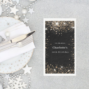 Serviette En Papier Anniversaire noir or parties scintillant nom