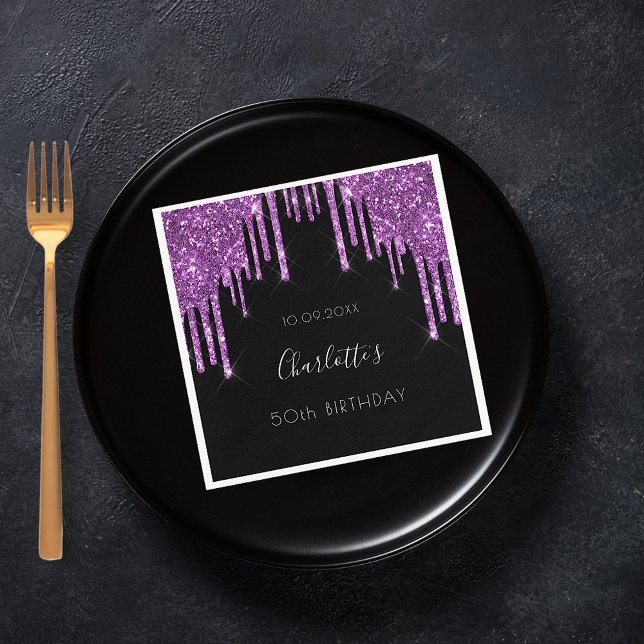 Serviette En Papier Anniversaire noir violet parties scintillant nom g (Créateur téléchargé)