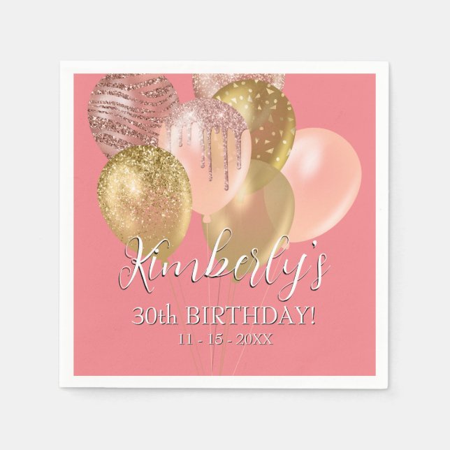 Serviette En Papier Anniversaire Nom Gold Parties scintillant Ballons  (Devant)