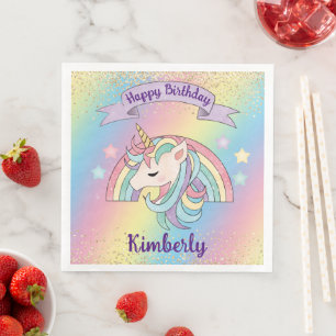 Serviette En Papier Anniversaire Paillettes Or Licorne & Arc-en-Ciel