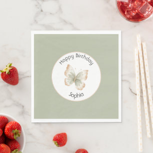Serviette En Papier Anniversaire Papillon Vert Crème Brun