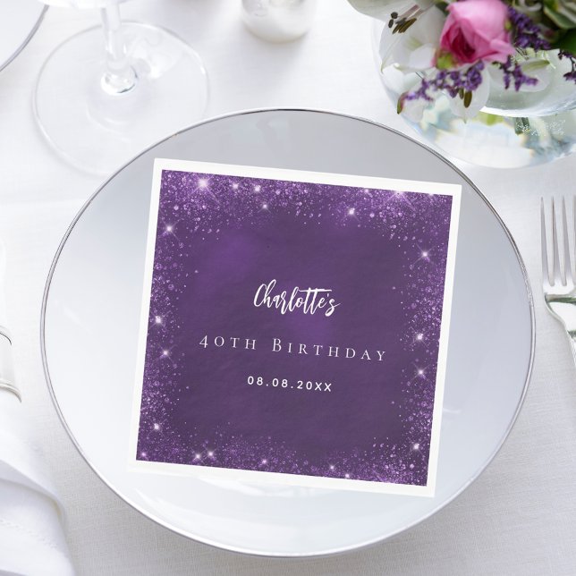 Serviette En Papier Anniversaire parties scintillant violet nom étince (Créateur téléchargé)