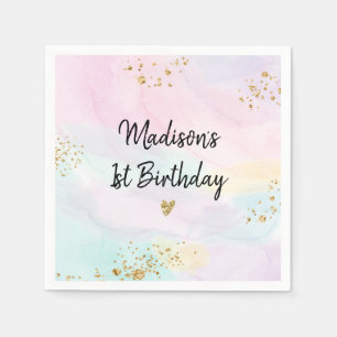 Serviette En Papier Anniversaire Pastel Rainbow Pink Gold