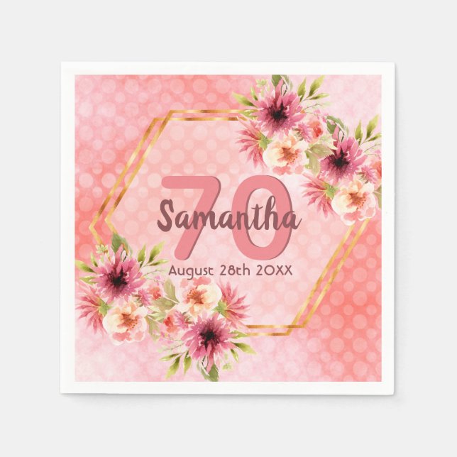 Serviette En Papier Anniversaire rose florales or nom géométrique (Devant)