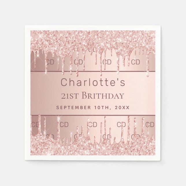 Serviette En Papier Anniversaire rose or monogramme initiales nom (Devant)
