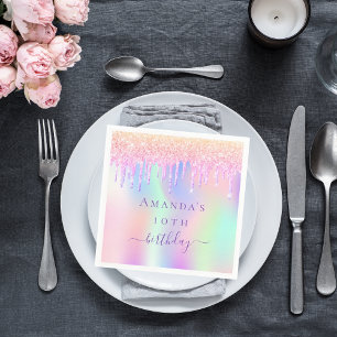 Serviette En Papier Anniversaire rose violet gouttes holographique nom