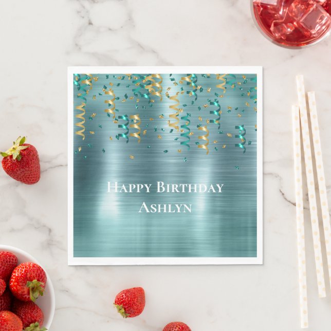 Serviette En Papier Anniversaire turquoise de Confetti d'or (En situation)