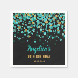 Serviette En Papier Anniversaire turquoise élégant de noir de