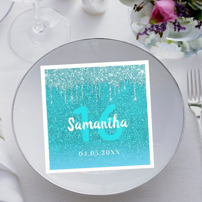 Serviette En Papier Anniversaire turquoise parties scintillant bleu ve (Créateur téléchargé)