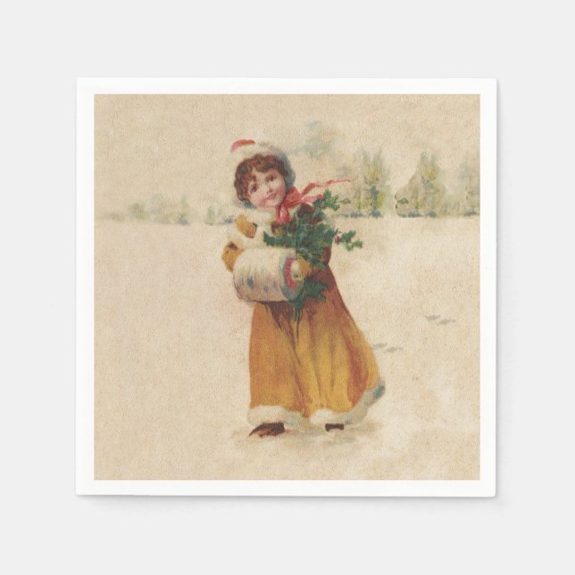 Serviette En Papier Antique Fille de Noël Enfant d'hiver (Devant)
