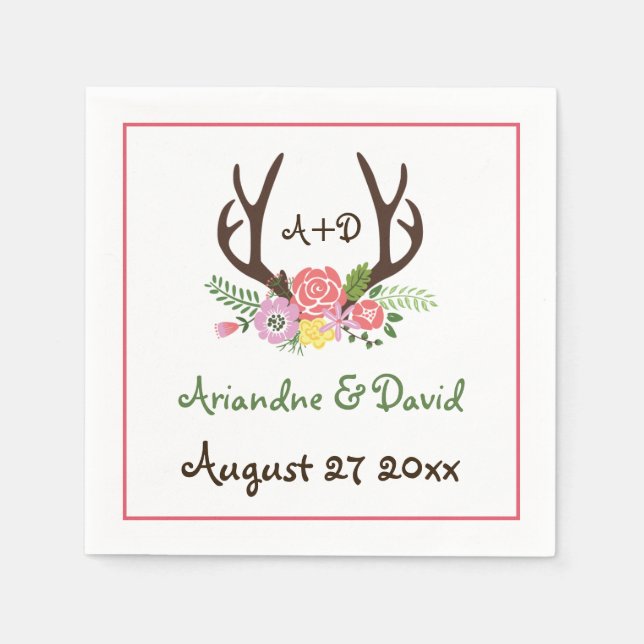 Serviette En Papier Antlers et fleurs mariage de monogramme de bois (Devant)