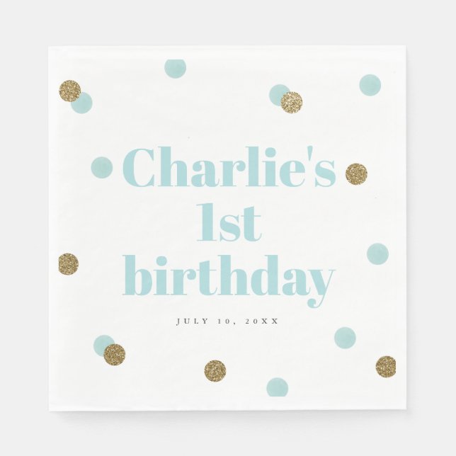 Serviette En Papier Aqua bleu et or confetti premier anniversaire (Devant)