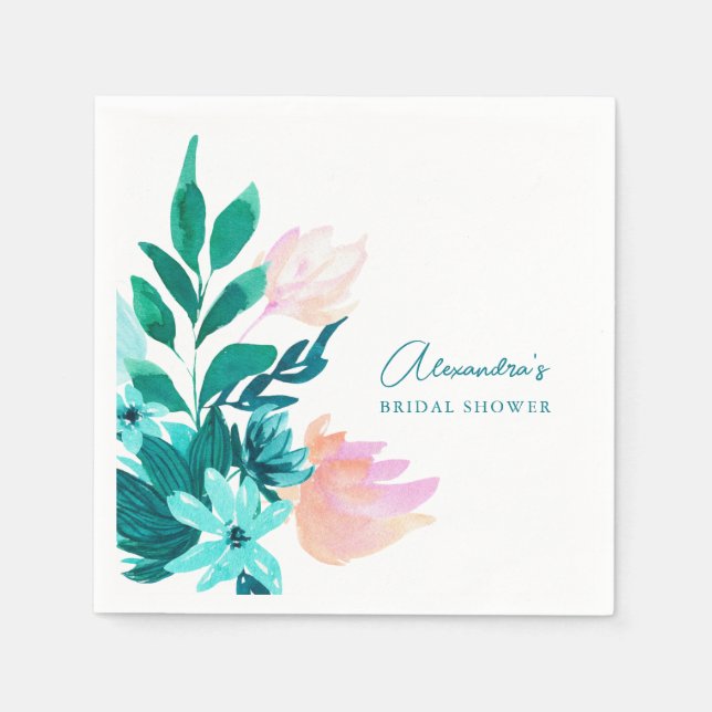 Serviette En Papier Aqua Blue Green Aquarelle Fête des mariées Florale (Devant)