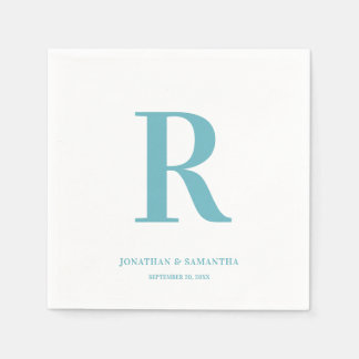 Serviette En Papier Aqua et Mariage blanc Monogramme Naples modernes