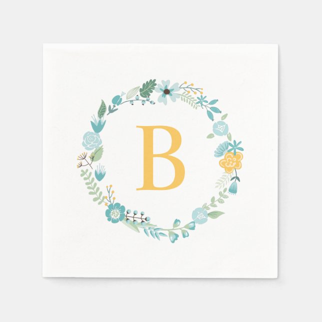 Serviette En Papier Aqua et Yellow Monogramme Floral Wreath (Devant)