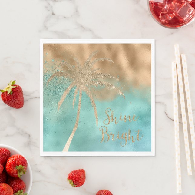 Serviette En Papier Aqua Gold Palm Tree Parties scintillant brillante (En situation)
