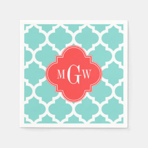 Serviette En Papier Aqua Marocain #5 Coral Rouge 3 Monogramme initial
