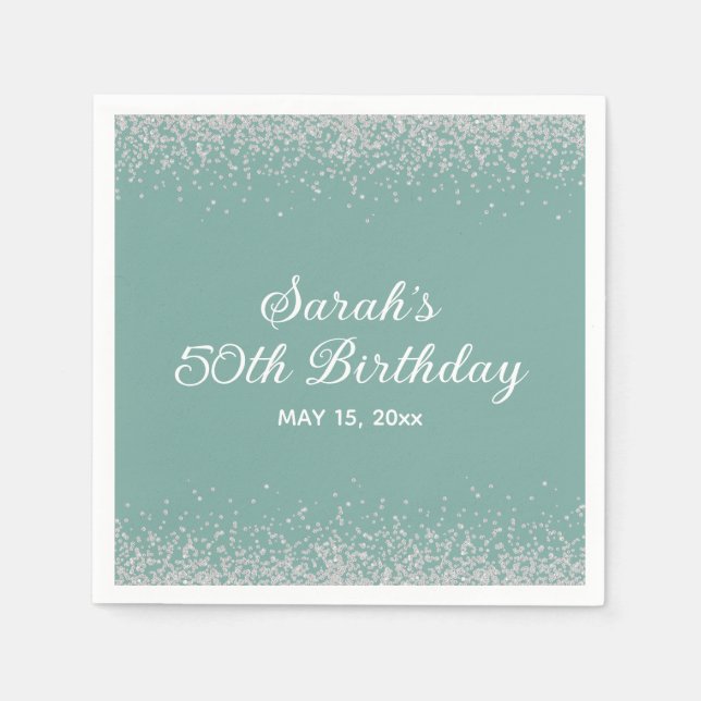 Serviette En Papier Aqua Mint Silver Diamond Parties scintillant 50e a (Devant)