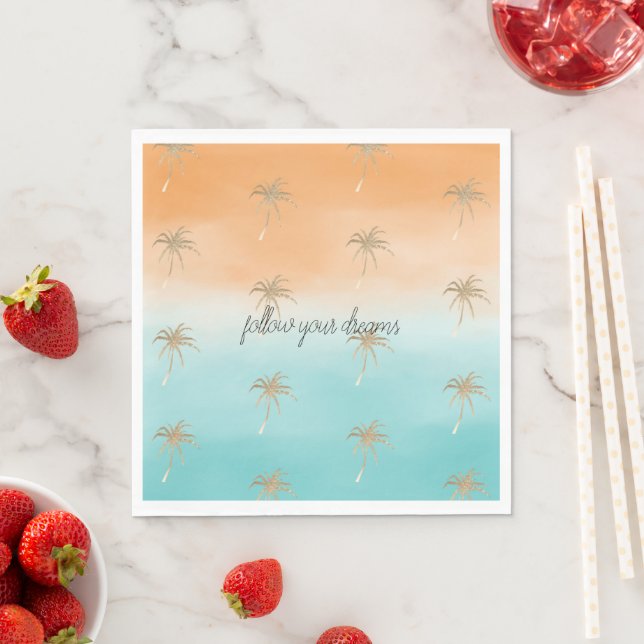 Serviette En Papier Aqua Peach Gold Tropical Palm Trees Ombre (En situation)