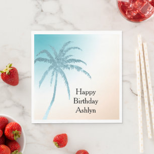 Serviette En Papier Aqua Peach White Palm Tree Anniversaire