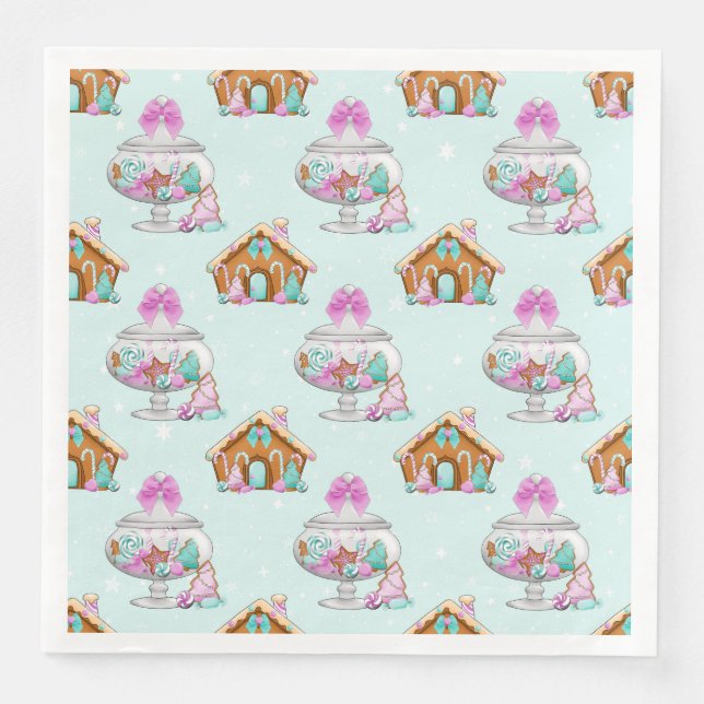 SERVIETTE EN PAPIER AQUA & ROSE NOËL GINGERBREAD MAISON MOTIF (Devant)