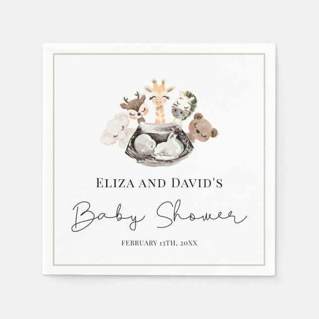 Serviette En Papier Aquarelle Animaux Faux Baby shower Or moderne (Devant)