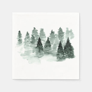 Serviette En Papier Aquarelle Arbres verts et blancs Forêt rustique