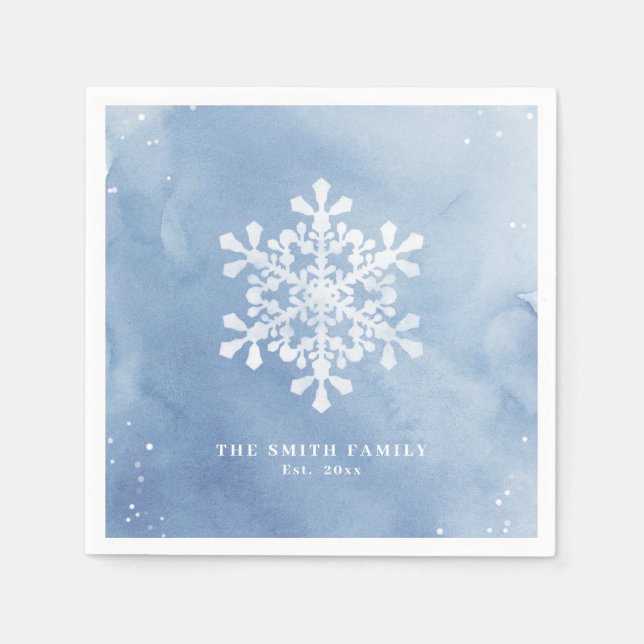 Serviette En Papier Aquarelle artistique Flocon de neige Bleu Noël (Devant)