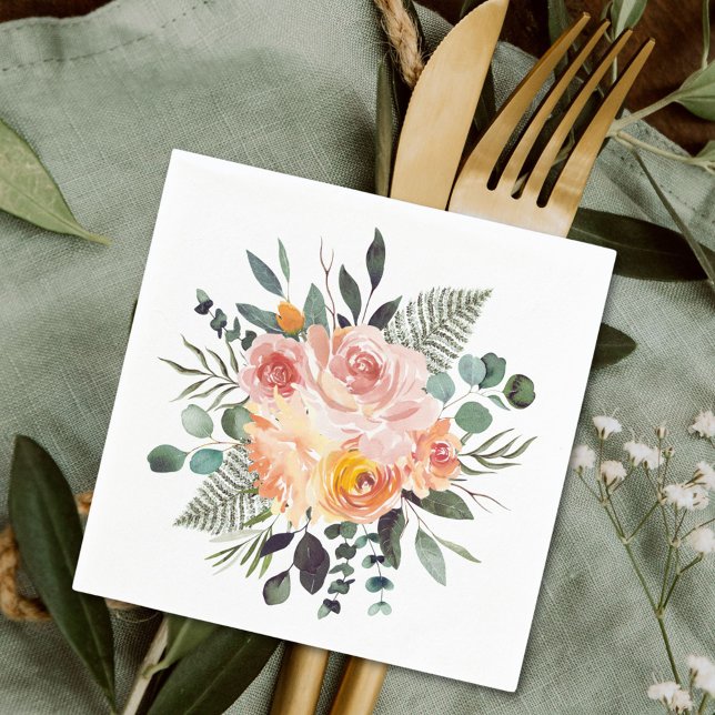 Serviette En Papier Aquarelle Automne Russe Rose Peach Bouquet (In situ)