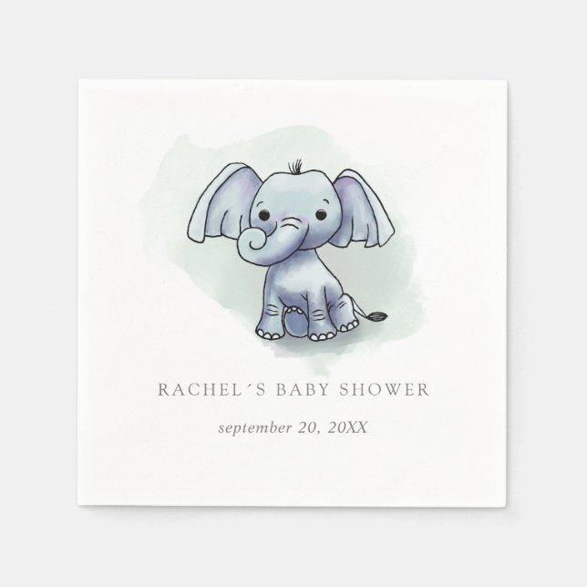 Serviette En Papier Aquarelle baby shower assise bébé éléphant (Devant)