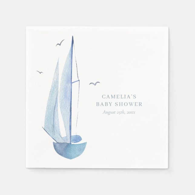 Serviette En Papier Aquarelle Baby shower de bateau à voile Ahoy Boy's (Devant)
