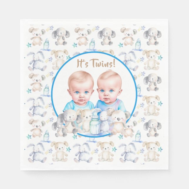 Serviette En Papier Aquarelle Baby shower du garçon Twin Animaux (Devant)