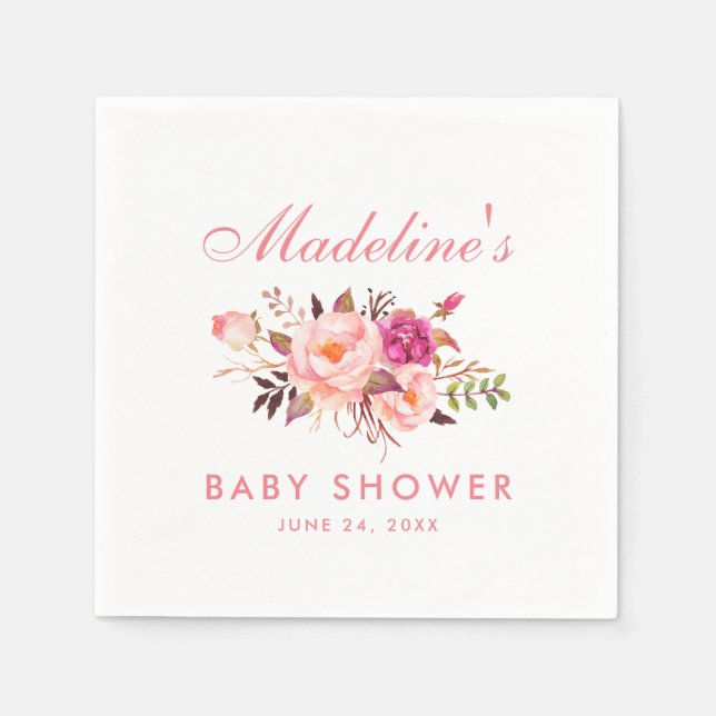 Serviette En Papier Aquarelle Baby shower floral rose (Devant)